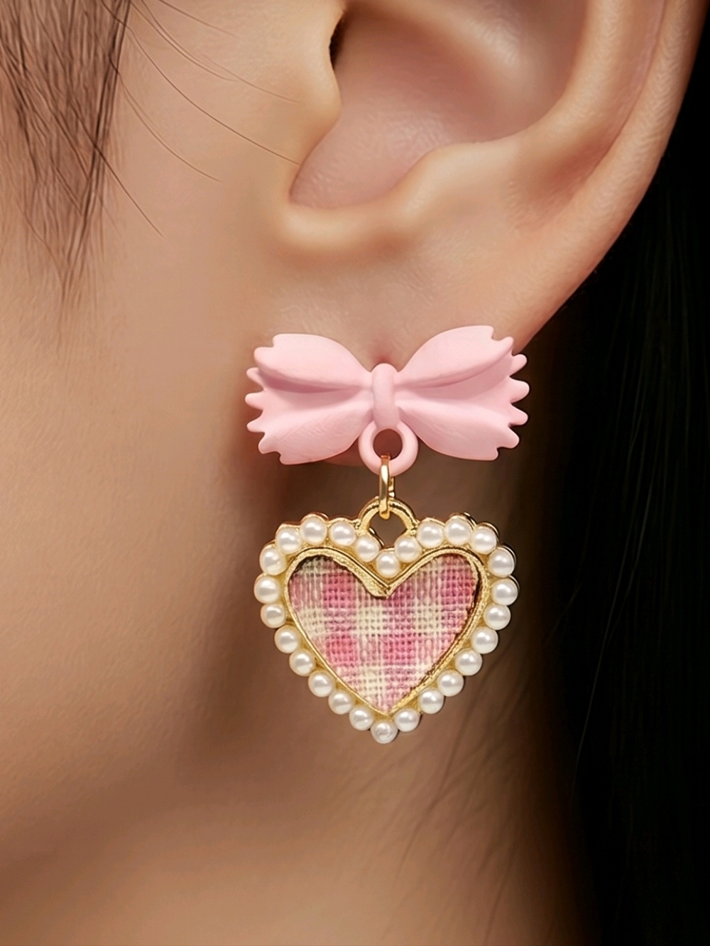 Pink Gingham Heart Earrings Coquette Bow Pearl Dangle Cute Romantic Jewelry Chic